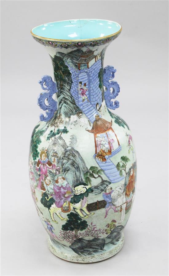 A massive Chinese famille rose foreign ambassadors vase, Daoguang period (1821-50), 77.5cm, some damage to neck and foot